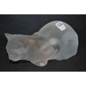 Lalique Crouching Cat Glass Sculpture - French - Glass