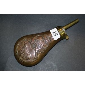 Antique Copper & Brass Embossed Black Powder Flask