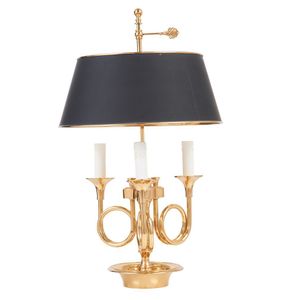 A French brass bouillotte-type table lamp, of three lights on…