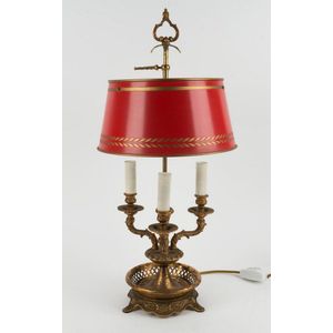 A French gilt metal table lamp with red metal shade, 20th…