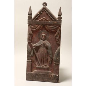 Religious carved wood and gesso panel, of rectangular form,…