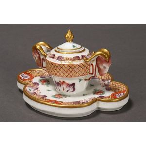 Late 19th century French porcelain twin handled inkwell, with…