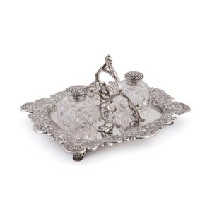An English sterling silver inkstand desk set with inscription…