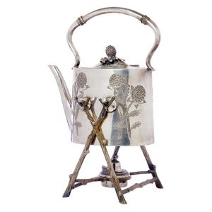 A Victorian silver plate tea kettle and stand, the tapering…