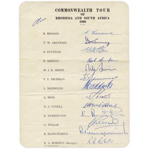1960 Commonwealth Tour of Rhodesia and South africa, team sheet…