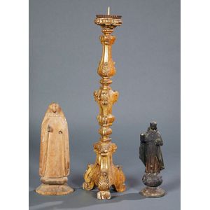 An antique Italian giltwood altar candelstick and two…