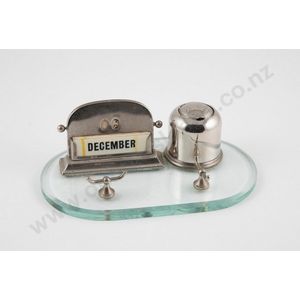 Art Deco glass and nickel plated Deskstand, oval shape with…