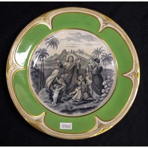 Victorian cabinet plate with religious print 'Suffer little…