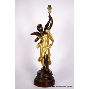 A French spelter figure lamp base 'Genie de la Musique' after…