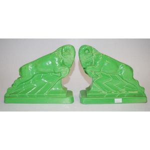 Pair Ashtead England green ceramic bookends pair Charging Ram…