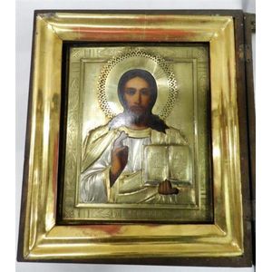 An antique Russian icon of Christ, Pantocrater, c,1880, behind…