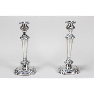 Pair of English Sheffield plate candlesticks, of tapering form,…