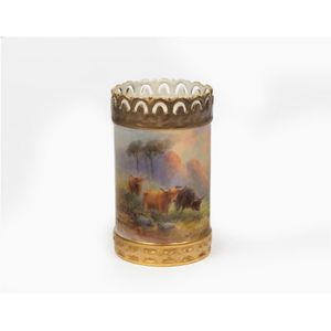 A small Royal Worcester hand decorated cylindrical vase by…