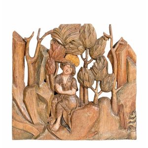 A rare polychrome carved panel of Jacob in the wilderness,…