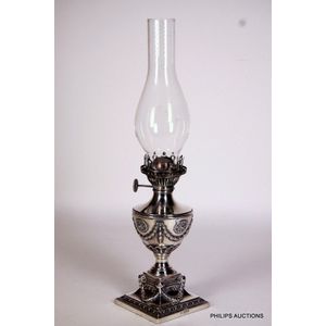 A neoclassical style sterling silver kerosene table lamp, 1909…