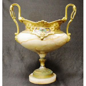 French Champleve enamel, gilt-bronze & marble urn with twin…