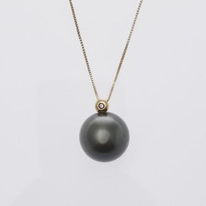 S101808 19" 10-11mm Black Round Pearl Necklace CZ Pendant 