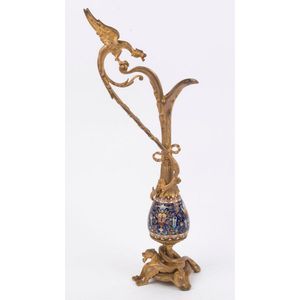 An antique French mantel ewer, gilt bronze with enamel…
