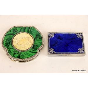 An Austrian enamel box and an ivory silver and faux malachite…