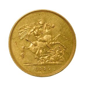 22ct gold Queen Victoria five pound coin, Great Britain 1887
