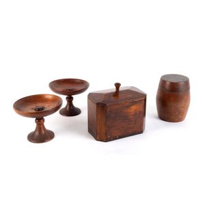 A tea caddy, pair of compotes, and a barrel shaped box,…