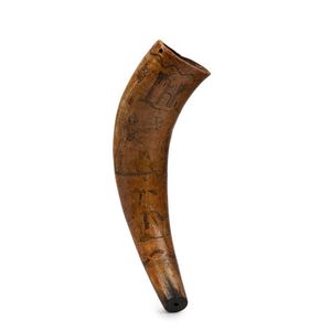 An antique powder horn with scrimshaw decoration, early 19th…