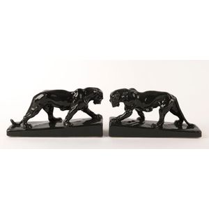A pair of charcoal glaze pottery panther bookends, 12.5 cm high,…