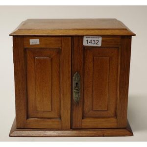 Antique oak stationery box lid and 2 front doors open to fitted…