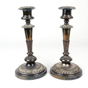 A pair of Old Sheffield Plate candlesticks, tapering column…