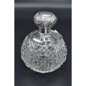 CRYSTAL PERFUME BOTTLE - British spherical outlet bottle cut crystal perfume bottle with sterling silver mushroom topper from Birmingham from 1913