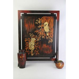 Pokerwork fire screen decorated with koala & kookaburra, height…
