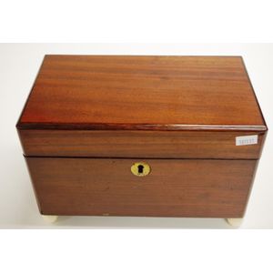 Regency mahogany tea caddy twin lidded interior, on 4 ivory…
