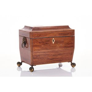 Victorian sarcophagus shaped mahogany tea caddy, c. 1860, with…