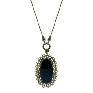 A silver onyx and marcasite pendant necklace, oval plaque…