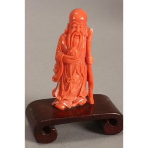 Chinese coral carving, depicting a standing Shou-Lao with staff&hellip;