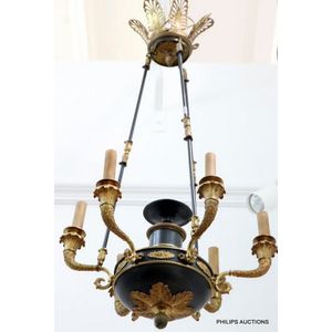 An Empire style brass six light chandelier, later 19th century,…