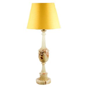 An alabaster table lamp with yellow fabric shade, height 81 cm