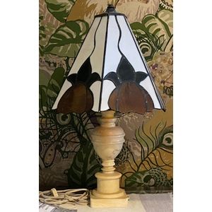 An alabaster table lamp with stained glass shade, height 52 cm