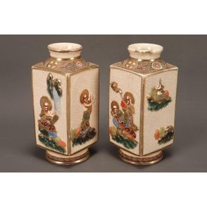 Pair of Satsuma Moriage vases, of facetted form, decorated in…