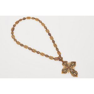 Russian gold and enamel cross necklace, yellow gold chain…
