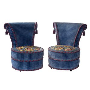 A pair of Art Deco style velvet covered slipper chairs, each…