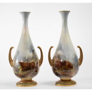 A pair of scenic Royal Worcester vases by Harry Stinton, 1912,…