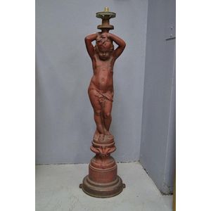 Antique French cast iron putto figural light on stand, approx…
