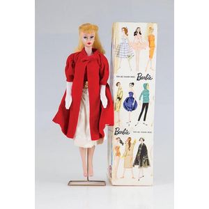 Boxed C1961 Pony tail Barbie, blonde wearing red Flare complete…