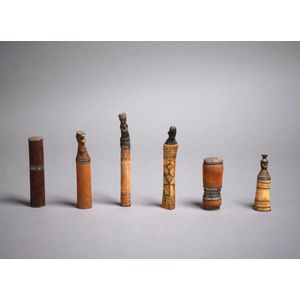 A collection of six tribal betel nut habit lime containers,…
