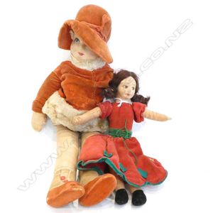 Pr old dolls, cloth Bodies / composite faces, fur lined red…