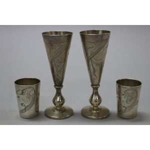 Russian silver, pair of vodka cups, and pair of Russian Kiddush…