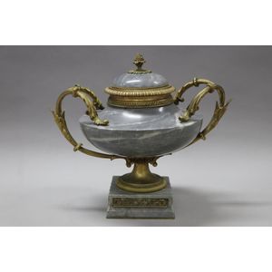 Antique classical grey marble and brass mounted lidded urn, 30…