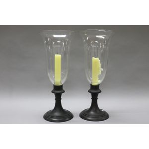 Large pair of weighted bronze based storm lights, flared glass…