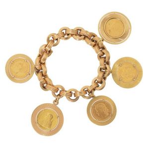 A gold coin bracelet, the hollow belcher link bracelet of…
